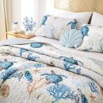 weigelia Coastal Quilt Set Queen Size - Sea Turtle Ocean Print Lightweight Soft Microfiber Summer Comforter with 2 Pillow Cases - Beach Bedding Coverlet Decor for All Seasons, Bedroom & Guest Room