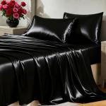 CozyLux Black Satin Queen Bed Sheet Set