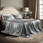 Bedsure Satin Sheets King Size Bed Set - Luxury Silky Bed Sheet Set, Ultra Soft & Wrinkle Free, Good for Hair & Skin, 15 Inches Deep Pocket for Mattress, 4-Piece (King, Silver Grey)