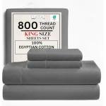 100% Cotton Sheets King Size Sheets Set with Fitted Sheet & Pillowcase Sets, 800 Thread Count Sateen Weave 4 piece Deep Pocket King Sheet Set, Soft & Comfy Naturally Cool Luxury Bedding- Charcoal