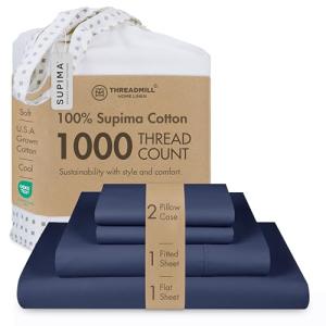 Threadmill Supima Cotton Queen Sheets - 1000 Thread Count, 4 Piece Luxury Bed Sheets, Sateen Weave Hotel Quality with Elasticized Deep Pocket, Folkstone Blue