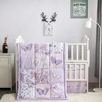 La Premura 3-Piece Purple Butterfly Baby Crib Bedding Set for Girls, Lilac Standard Size Crib Set for Baby Girl, Comforter, Fitted Sheet, and Dust Ruffle Skirt, Baby Nursery Floral Design for Girls