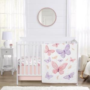 Sweet Jojo Designs 3-Piece Baby Crib Bedding Set (Shabby Chic Butterfly) for Girls, Infants/Nursery incl. Blanket, Fitted Sheet and Crib Skirt (Pink and Purple, Colorful, Pastel, Lilac, Watercolor)