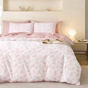 Wake In Cloud - Cottagecore Duvet Cover Set, Floral Vintage Flower Shabby Chic Coquette Aesthetic for Women Teen Girls, Soft Lightweight Bedding, 3-Piece, Pink, Queen Size