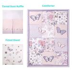La Premura 3-Piece Purple Butterfly Baby Crib Bedding Set for Girls, Lilac Standard Size Crib Set for Baby Girl, Comforter, Fitted Sheet, and Dust Ruffle Skirt, Baby Nursery Floral Design for Girls