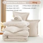 MUXHOMO 7 Pieces King Comforter Set, Soft Bed in a Bag King Size, All Season Bedding Set with Comforter, Flat Sheet, Fitted Sheet, Pillowcases & Shams, Beige