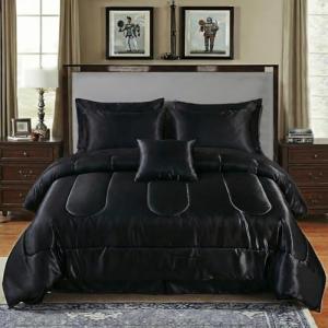 Black Silky Comforter Set Satin Queen Bed in a Bag 8 Pieces Luxury Hotel Silky Bedding with 1 Comforter, 1 Flat Sheet, 1 Fitted Sheet, 4 Pillowcases, 1 Cushion Cover (Queen, Black)