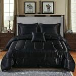 Black Silky Comforter Set Satin Queen Bed in a Bag 8 Pieces Luxury Hotel Silky Bedding with 1 Comforter, 1 Flat Sheet, 1 Fitted Sheet, 4 Pillowcases, 1 Cushion Cover (Queen, Black)