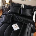 Black Silky Comforter Set Satin Queen Bed in a Bag 8 Pieces Luxury Hotel Silky Bedding with 1 Comforter, 1 Flat Sheet, 1 Fitted Sheet, 4 Pillowcases, 1 Cushion Cover (Queen, Black)