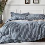 JELLYMONI Washed Cotton Duvet Cover Queen Size – Breathable & Cozy Bedding Set for Modern Homes, Dorms & Guest Rooms, Blue Striped Comforter Cover with Button Closure, 1 Duvet Cover & 2 Pillowcases