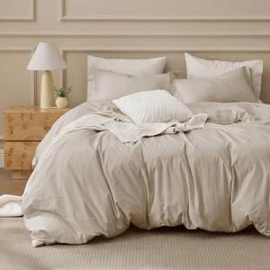 Bedsure 100% Washed Cotton Duvet Cover King Size - Oatmeal Minimalist Cotton Duvet Cover Linen Like for All Seasons - GentleSoft™ Plain Simple Bedding (Oatmeal, King, 104"x90")