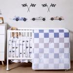SmoothNovelty 5 Pcs Cars Theme Baby Crib Bedding Set Include Checkered Crib Sheets Bed Skirt Comforter Pad Cover Wall Stickers for Boys Transportation Nursery Room Decoration