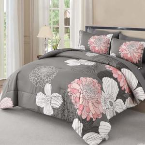 Yiran Grey Pink Comforter Queen Size 7 Pieces Floral Bed in a Bag Comforter Set Soft Microfiber Bedding Sets for All Season with Flat Sheet Fitted Sheets Pillowcases & Pillowshams