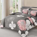 Yiran Grey Pink Comforter Queen Size 7 Pieces Floral Bed in a Bag Comforter Set Soft Microfiber Bedding Sets for All Season with Flat Sheet Fitted Sheets Pillowcases & Pillowshams