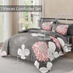 Yiran Grey Pink Comforter Queen Size 7 Pieces Floral Bed in a Bag Comforter Set Soft Microfiber Bedding Sets for All Season with Flat Sheet Fitted Sheets Pillowcases & Pillowshams