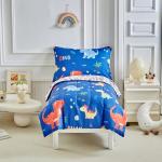 Dinosaur Toddler Bedding Set for Boys Girls 4 Pieces Toddler Bed Set - Ultra Soft Cartoon Cute Orange Yellow Blue Green Dinos - Comforter Fitted Sheet Flat Sheet Pillowcase Navy