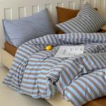 Vintage Striped Duvet Cover Set King, 3 Pieces Blue Brown Stripes Pattern Printed Bedding Set, Farmhouse 100% Washed Cotton Comforter Cover, Breathable Retro Striped Duvet Cover with 2 Pillowcases