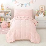 DreLunis Pink Toddler Bedding Sets for Girls, 4 Piece Bed-in-a-Bag for Toddler Girl, Lightweight Breathable Toddler Bed Comforter with Flat Sheet, Fitted Sheet and Envelope Pillowcase