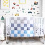 SmoothNovelty 5 Pcs Cars Theme Baby Crib Bedding Set Include Checkered Crib Sheets Bed Skirt Comforter Pad Cover Wall Stickers for Boys Transportation Nursery Room Decoration