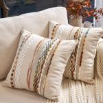 Aeckself Boho Throw Pillow Covers 18x18 Inch Set of 2, Farmhouse Decorative Striped Square Pillow Covers Chenille Tufted Pillow Cases Accent Neutral Pillowcase for Living Room Couch Bed, Orange White