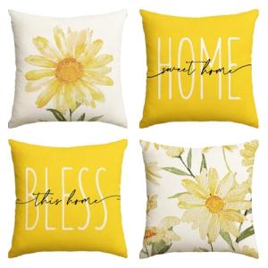AVOIN colorlife Home Sweet Home Spring Summer Flowers Yellow Throw Pillow Covers, 18 x 18 Inch Cushion Case for Sofa Couch Set of 4