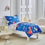 Dinosaur Toddler Bedding Set for Boys Girls 4 Pieces Toddler Bed Set - Ultra Soft Cartoon Cute Orange Yellow Blue Green Dinos - Comforter Fitted Sheet Flat Sheet Pillowcase Navy