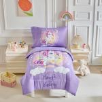 4 Pieces Toddler Bedding Set for Girls Purple Unicorn Toddler Bed Set - Cartoon Stars Rainbow Print Cute Princess Bed in a Bag - 1 Baby Comforter 1 Fitted Sheet 1 Flat Sheet 1 Pillowcase