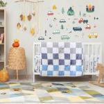 SmoothNovelty 5 Pcs Cars Theme Baby Crib Bedding Set Include Checkered Crib Sheets Bed Skirt Comforter Pad Cover Wall Stickers for Boys Transportation Nursery Room Decoration