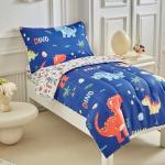 Dinosaur Toddler Bedding Set for Boys Girls 4 Pieces Toddler Bed Set - Ultra Soft Cartoon Cute Orange Yellow Blue Green Dinos - Comforter Fitted Sheet Flat Sheet Pillowcase Navy