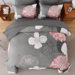 Yiran Grey Pink Comforter Queen Size 7 Pieces Floral Bed in a Bag Comforter Set Soft Microfiber Bedding Sets for All Season with Flat Sheet Fitted Sheets Pillowcases & Pillowshams