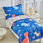 Dinosaur Toddler Bedding Set for Boys Girls 4 Pieces Toddler Bed Set - Ultra Soft Cartoon Cute Orange Yellow Blue Green Dinos - Comforter Fitted Sheet Flat Sheet Pillowcase Navy