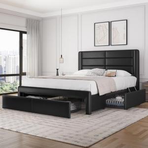 Queen Bed Frame with USB Ports and Storage Drawers