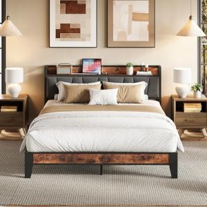 Queen Bed Frame with Storage Headboard and Charger