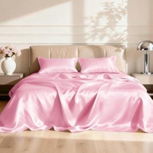 Pink Satin Twin Sheet Set with Deep Pockets