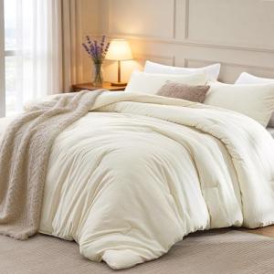 Love's cabin Queen Comforter Set Beige, 3-Piece 90% Polyester 10% Linen Blend Bedding Set, Linen-Look Textured Stripe, Down Alternative All-Season Comforter with Pillow Shams