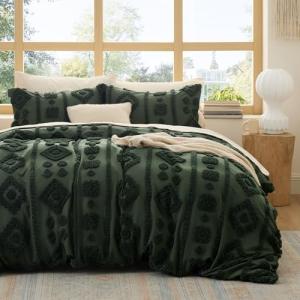 Bedsure Boho Duvet Cover Queen Size - Dark Green Tufted Boho Bedding, Farmhouse Shabby Chic Embroidery Bedding for All Seasons, 3 Pieces, 1 Soft Jacquard Queen Comforter Cover and 2 Pillow Shams
