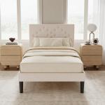 Beige Twin Size Upholstered Bed Frame with Slats