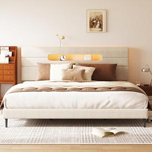 Beige King Bed Frame with Upholstered Headboard