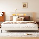 Beige King Bed Frame with Upholstered Headboard