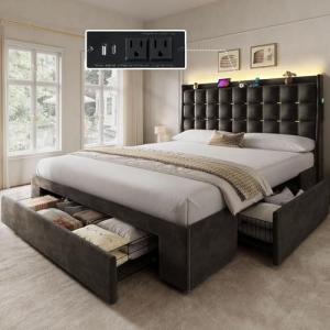 Queen Velvet Bed Frame with Storage & LED Lights