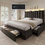Queen Velvet Bed Frame with Storage & LED Lights
