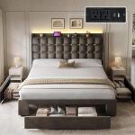 Queen Velvet Bed Frame with Storage & LED Lights