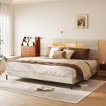 Beige King Bed Frame with Upholstered Headboard