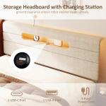 Beige King Bed Frame with Upholstered Headboard