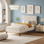 Beige Twin Size Upholstered Bed Frame with Slats