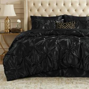 7-Piece Black Satin Comforter Set for Queen