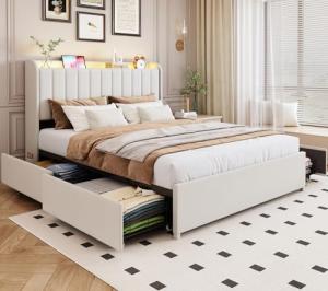 Queen Upholstered Bed Frame with Storage & LED Lights