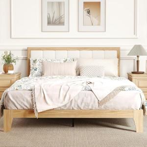 Queen Upholstered Bed Frame with Wooden Slats