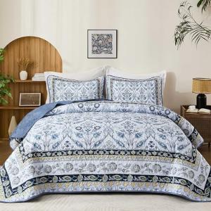 Navy Blue Floral Queen Quilt Set with Pillowcases