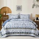 Navy Blue Floral Queen Quilt Set with Pillowcases